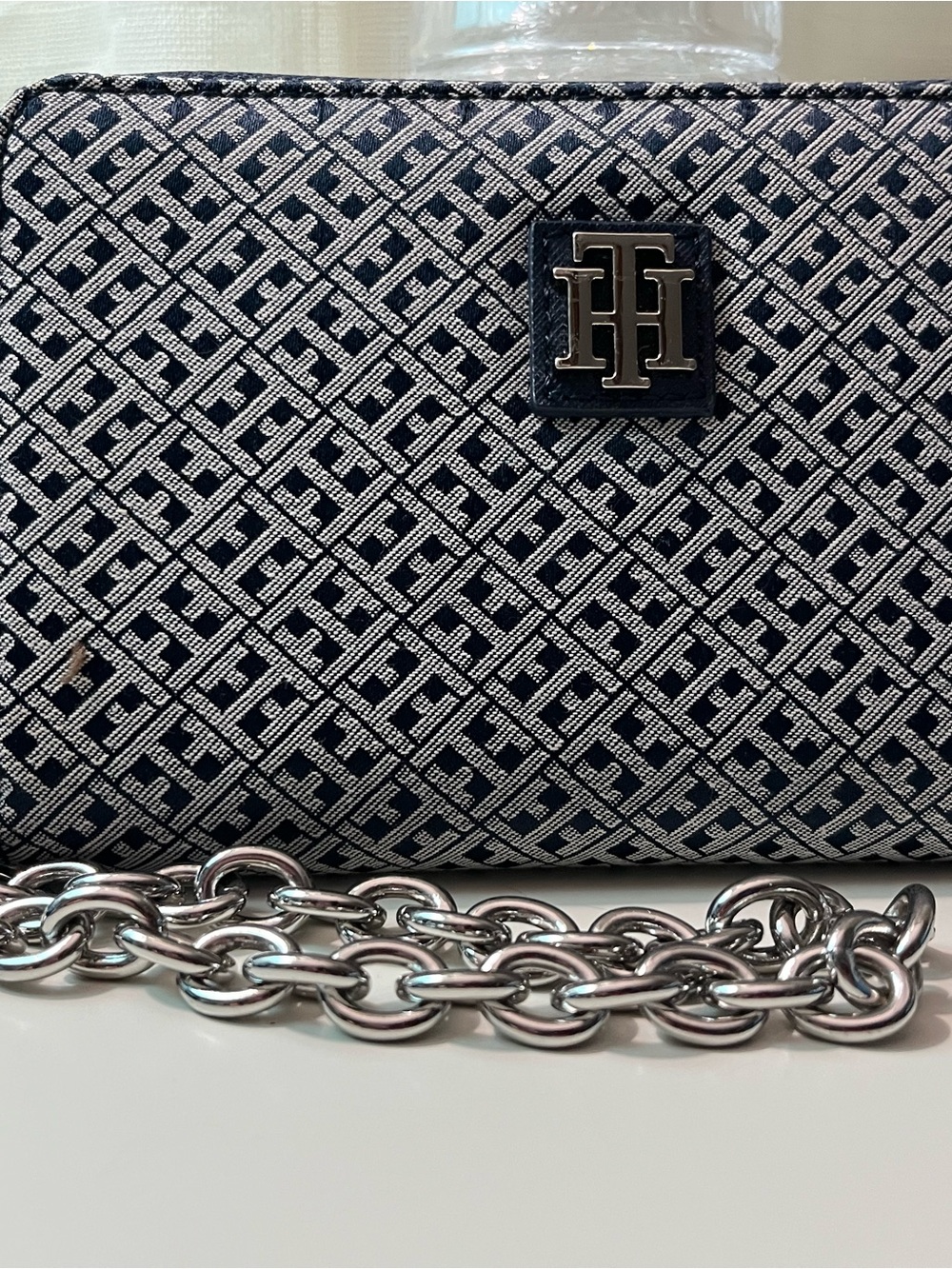 Tommy Hilfiger Navy and White Monogram Chain Belt Wallet